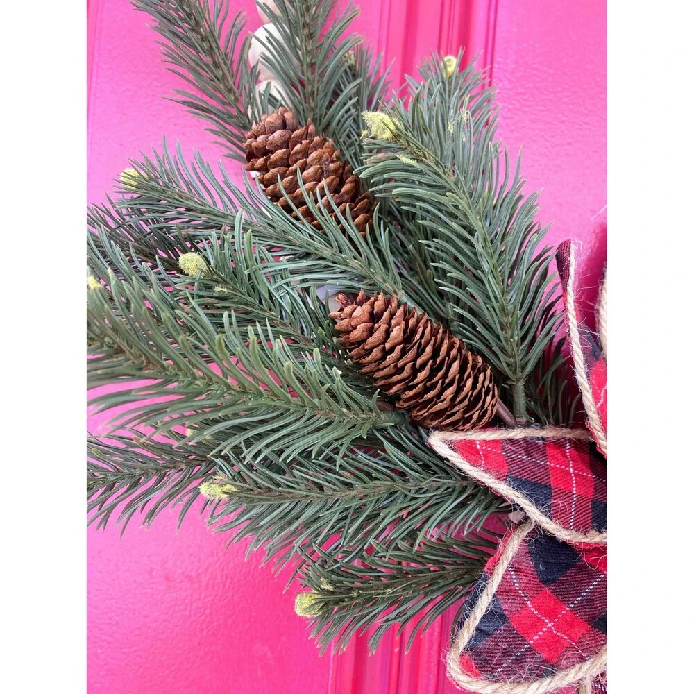Plaid Christmas Beaded Wreath, Holiday Beaded Plaid Wreath, Bells, Pinecones